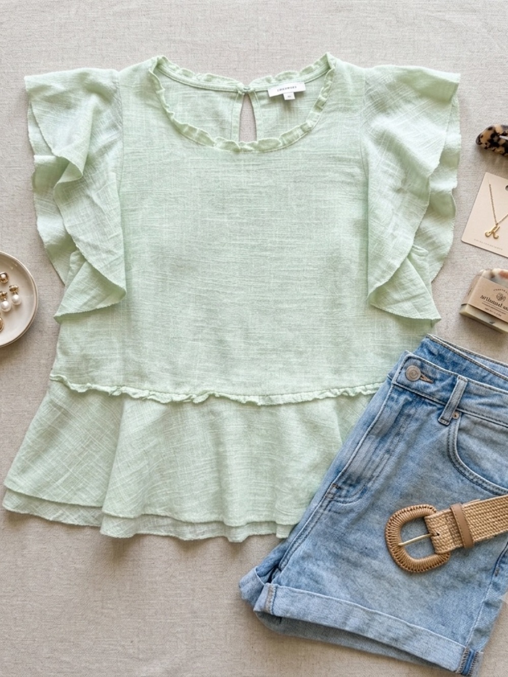 Maeve Pale Green Ruffle Peplum Top
